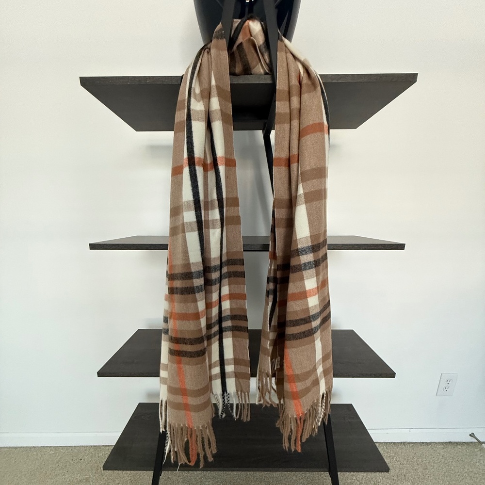 Neutral Plaid Fringe Scarf Beige Black Rust Oversized Soft Wrap
